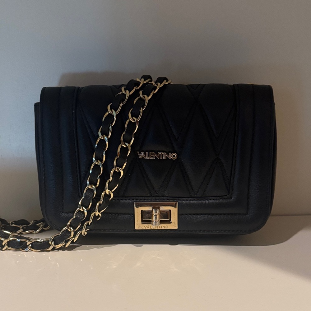 Valentino Black Quilted Crossbody Bag with Gold Chain